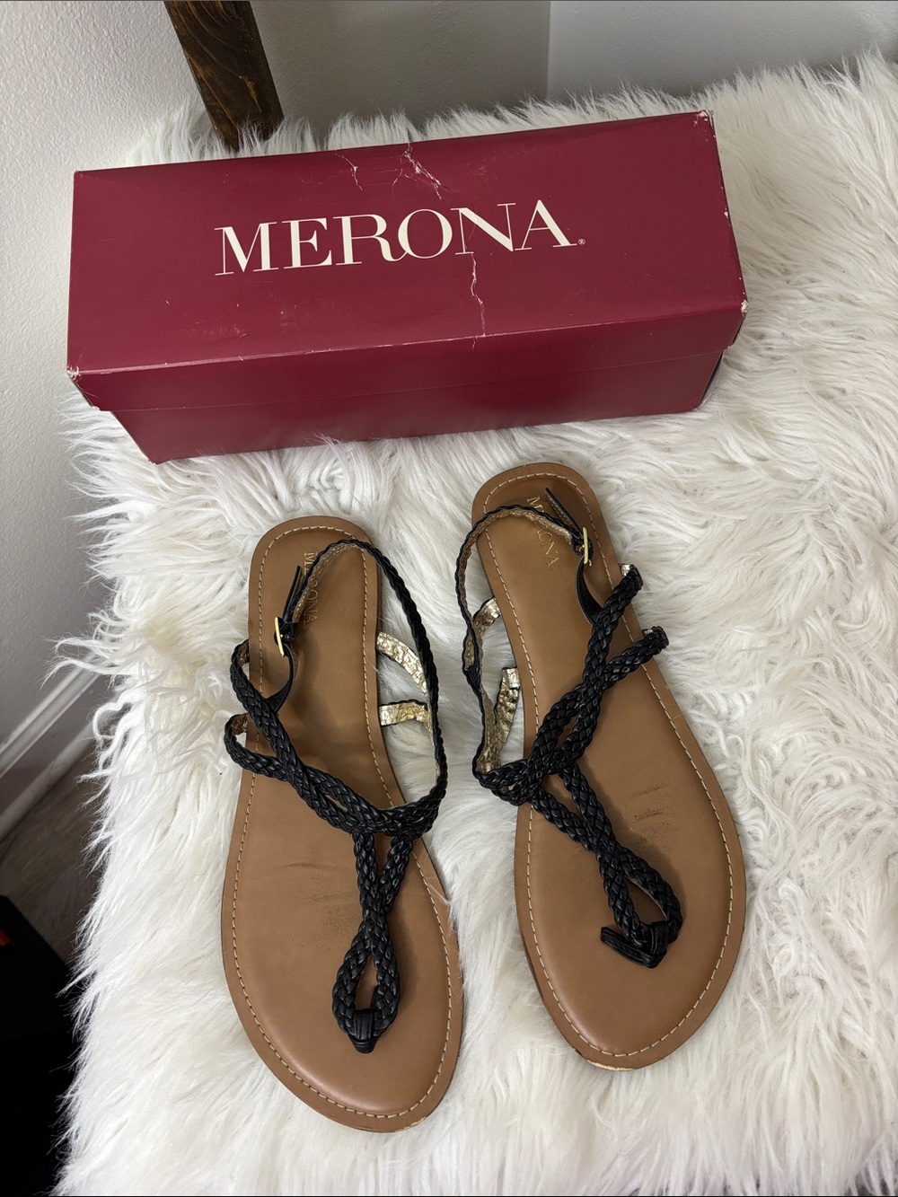 Merona Black Braided Strap Tan Footbed Women's Sandals Size 11